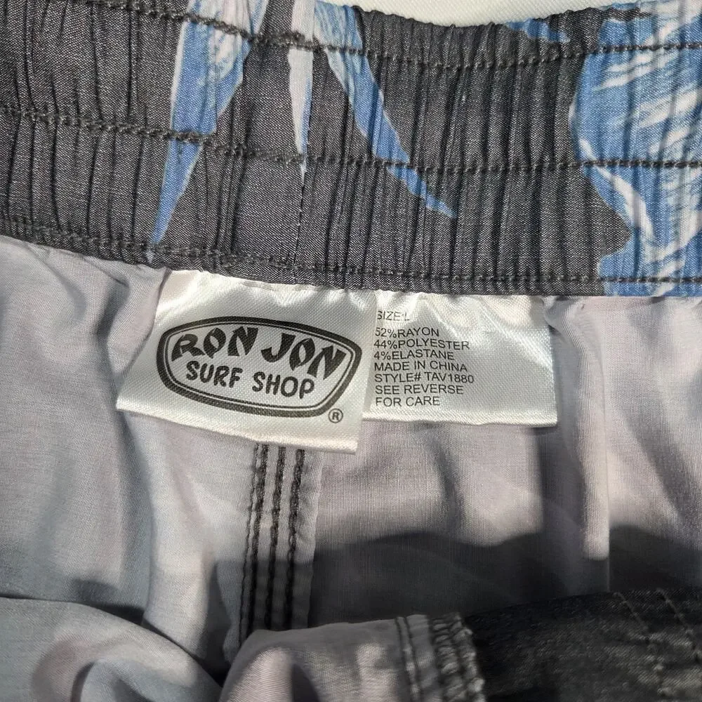 Ron Jon Surf Shop Men's Large Gray Floral Swim Trunks Board Shorts Elastic Waist